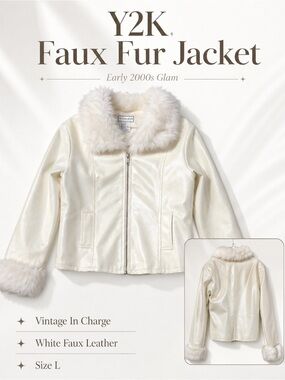 Y2K Vintage In Charge White Faux Leather Jacket w/ Faux Fur Trim Size L